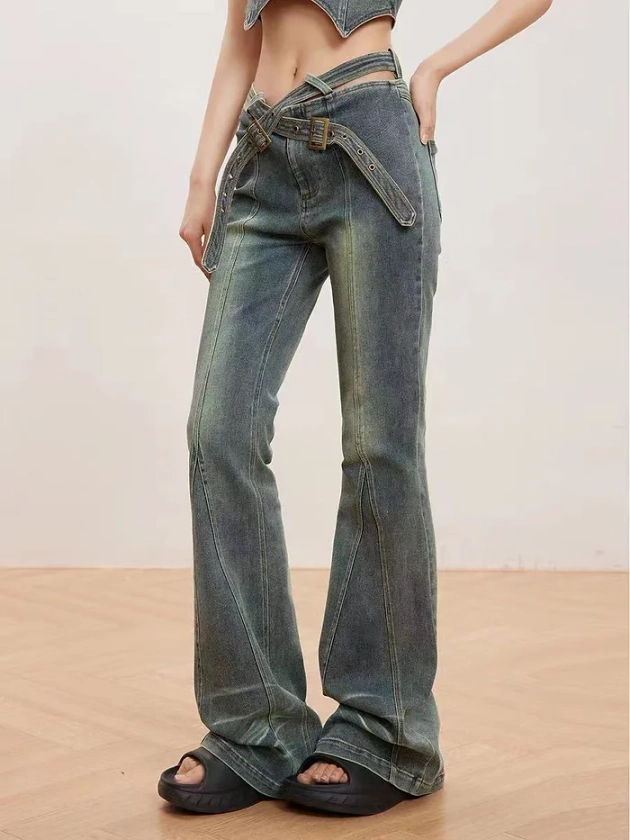 Vintage wash stretch low-rise flared trousers | Byunli