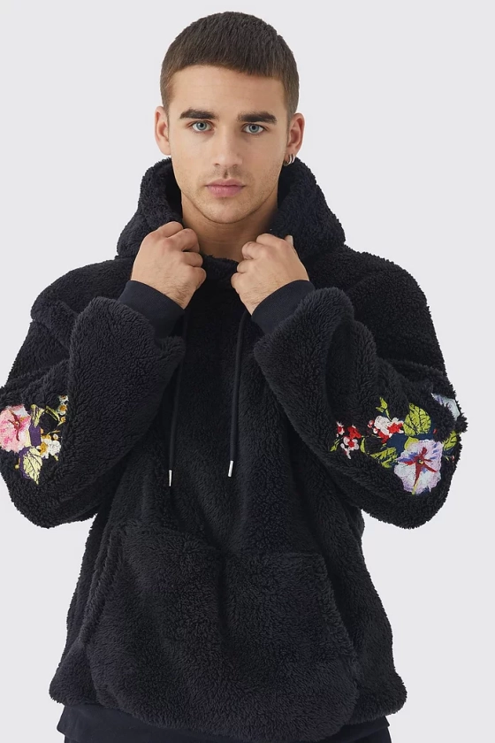 Oversized Borg Hoodie With Floral Embroidery | boohooMAN USA