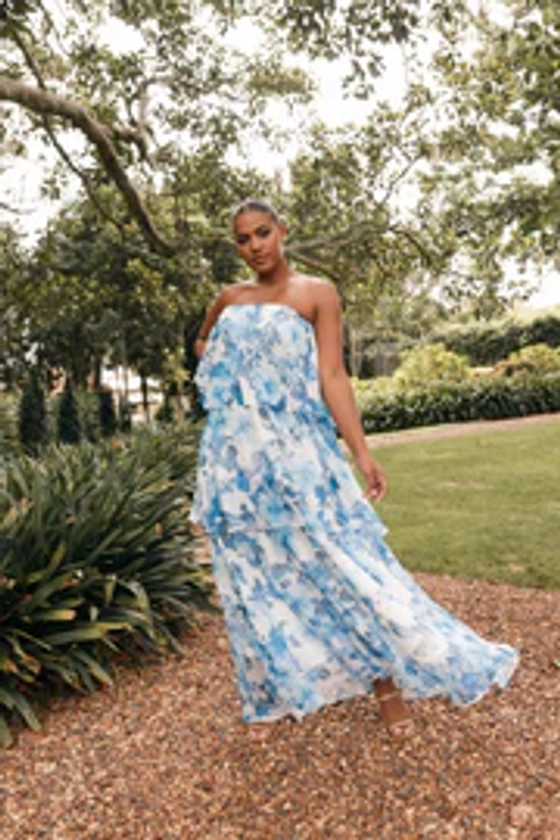 Bloom Strapless Maxi Dress - Blue White Floral