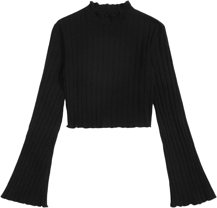 SweatyRocks Women's Long Flounce Sleeve Crop Top Stand Collar Ribbed Knit T-Shirt