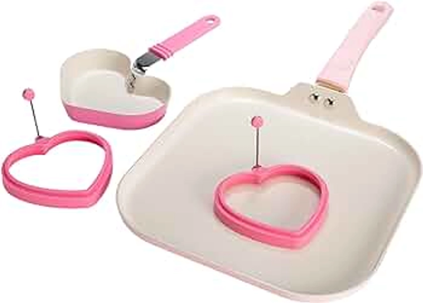 Paris Hilton Breakfast Ceramic Nonstick Cookware Set, Includes Square Griddle, Mini Heart Shaped Fry Pan and Two Silicone Heart Shaped Egg Rings, 4-Piece Set, Pink