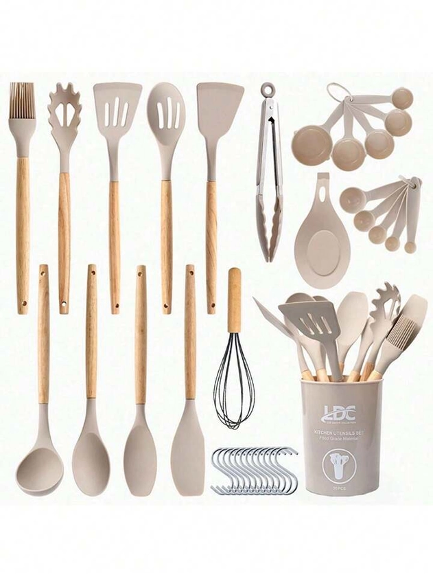 24pcs Non-Stick Silicone Cooking Utensils Set With Stand, Including Spatula, Wooden Handles, Heat-Resistant Kitchen Tools
