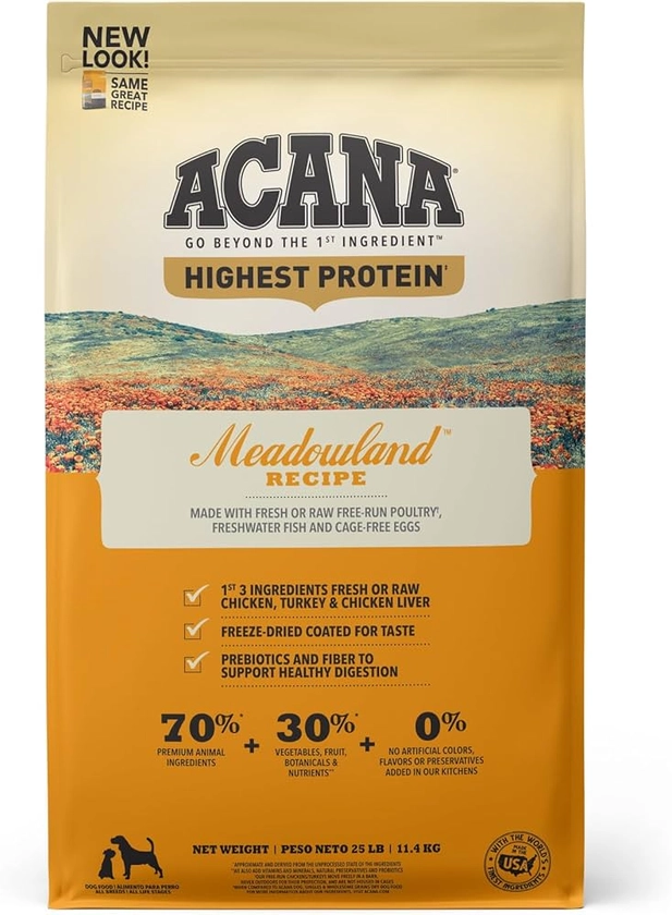 ACANA Highest Protein Dry Dog Food, Meadowland, Chicken and Turkey Recipe, 25lb