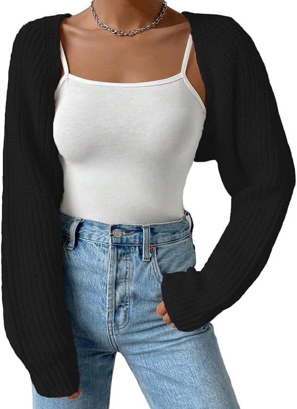 Women Long Sleeve Drop Shoulder Crop Cardigan Sweater Solid Loose Fit Casual Open Front Crop Shrug Sweater Top