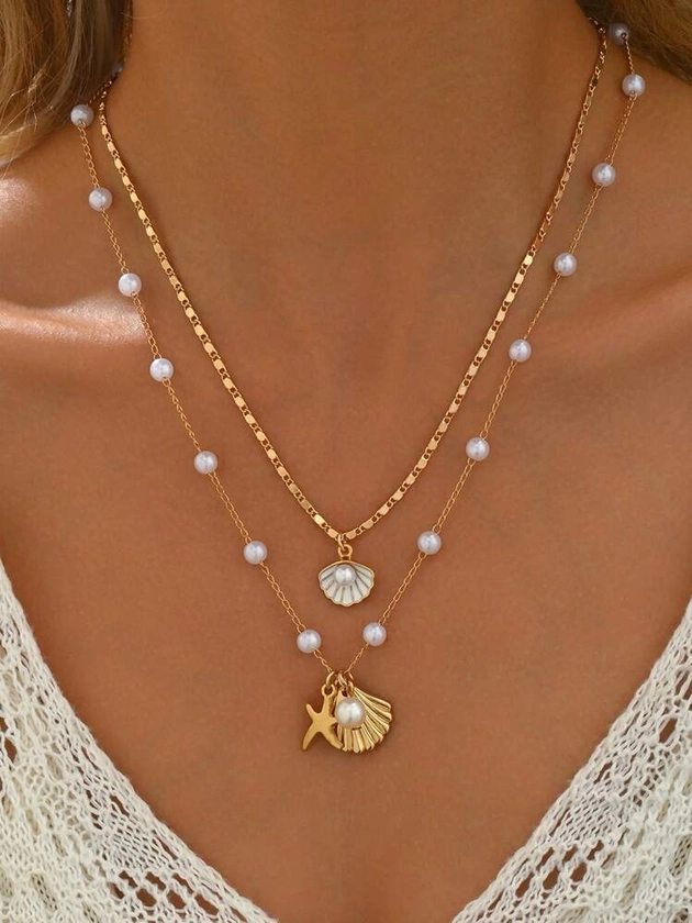 2pcs Beach Style Alloy Faux Pearl & Shell Shaped Pendant Necklace Set Suitable For Women Couples Daily Wear Jewelry Gift