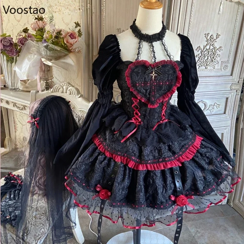 Vestidos góticos de Lolita Jsk para mujer, minivestido victoriano elegante de encaje con cuello Halter, oscuro, Punk Y2K, vestido de fiesta de Halloween - AliExpress