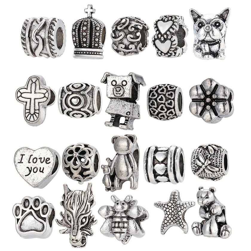 10pcs Random Mix Alloy Pendants Antique Cartoon Animals, Insects And Hearts, Pentagram Crown, Ancient Silver Beads, DIY Bracelets, Necklaces, Anklets,