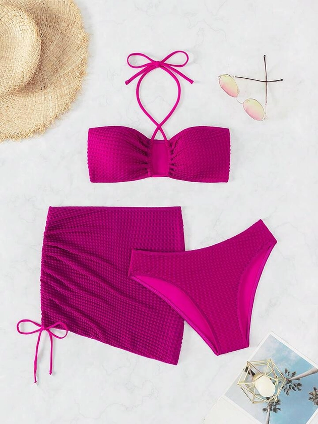 Criss Cross Halter Bikini Swimsuit With Beach Skirt