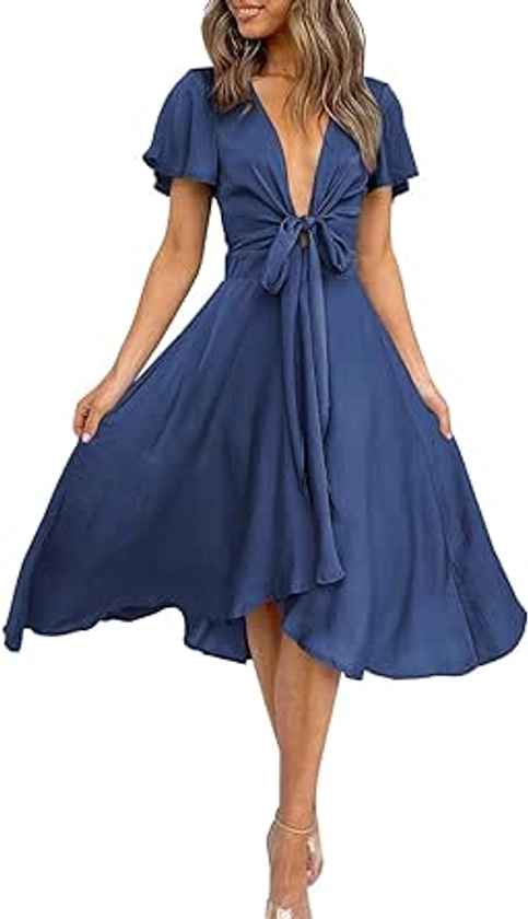 Amazon.com: miduo Womens Midi Dresses Formal Tie Front V Neck Short Sleeve Spring Hi Low Satin Skater Cocktail Festival Party Dresses for Wedding Honeymoon Navy L : Clothing, Shoes & Jewelry