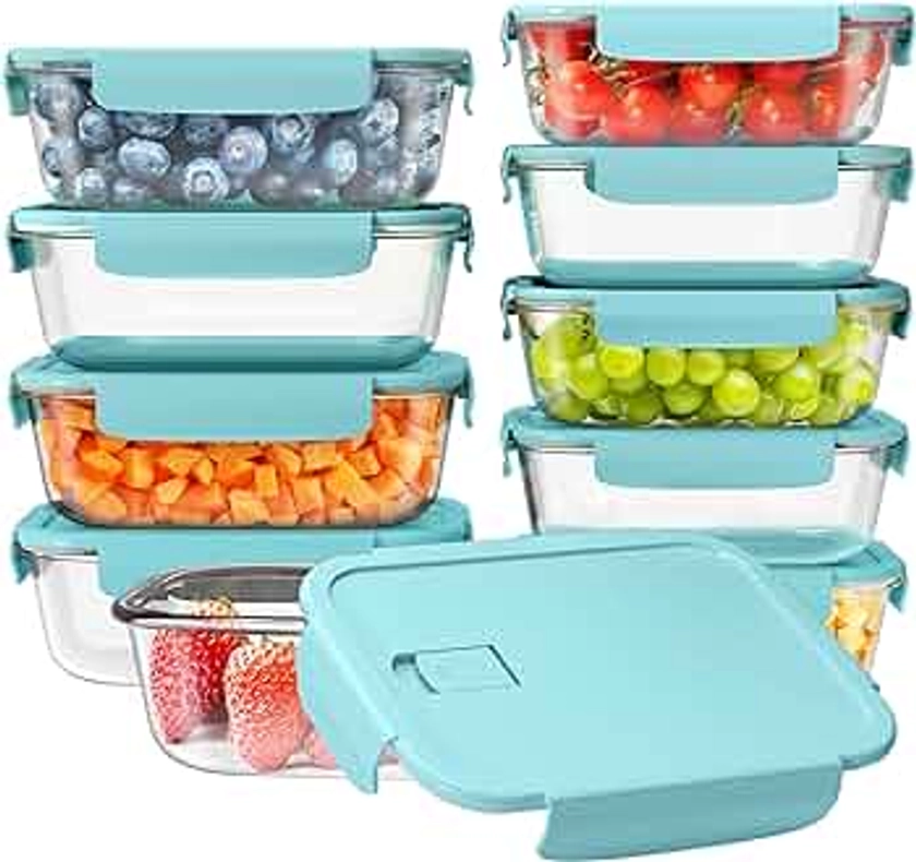 ZRRHOO 10 Pack Glass Meal Prep Containers with Lids, Food Storage Containers with Built in Vent, Airtight Bento Boxes for Lunch, BPA Free & Leak Proof (Blue)