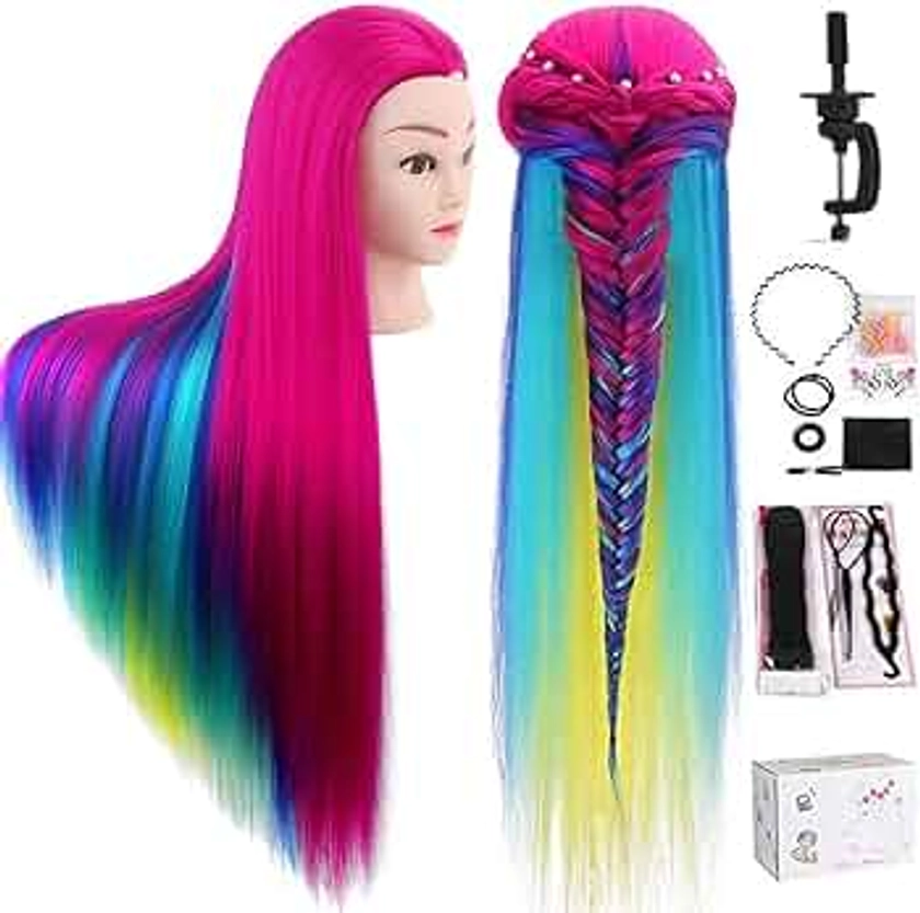 TopDirect Training Head, 80cm/31.5inch Hair Cosmetology Hairdressing Mannequin Manikin Doll 100% Synthetic Fiber Rainbow Hair + Braid Sets + Free Clamp