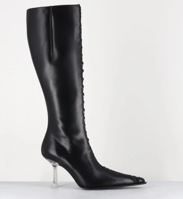 Bottes hautes en cuir noir corseté & talon plexi - ALINE TALL BOOTS - Garrice