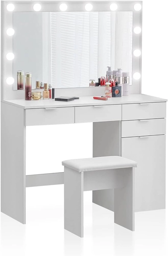 TUKAILAi White Dressing Table Set with Hollywood LED Lights Mirror, Cushioned Stool and 4 Storage Drawers, Vanity Set Makeup Table 4 Drawers for Bedroom Girls Women