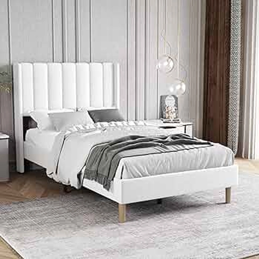 Zoophyter Upholstered Platform Bed Frame Twin Size with Headboard,Strong Wooden Slats Support No Box Spring Needed Easy Assembly White Linen