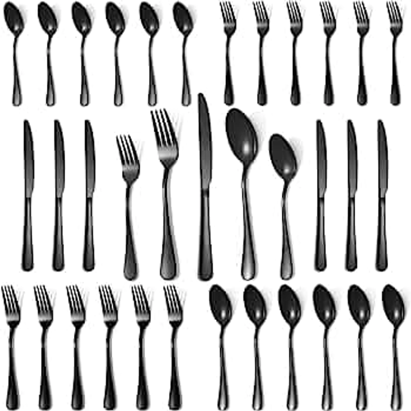 Lazycorner 30 Pcs Black Silverware Set for 6, Food Grade Stainless Steel Flatware Set Include Fork/Knife/Spoon, Mirror Polished Eating Utensils Sets, Durable Silverwear Cutlery Set, Dishwasher Safe