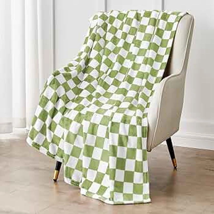 Green Checkered Blanket, Ultra Soft Fleece Checkered Throw Blanket for Couch Bed and Travel, Luxury Green Throw Blankets for All Seasons (Green,50"x60")