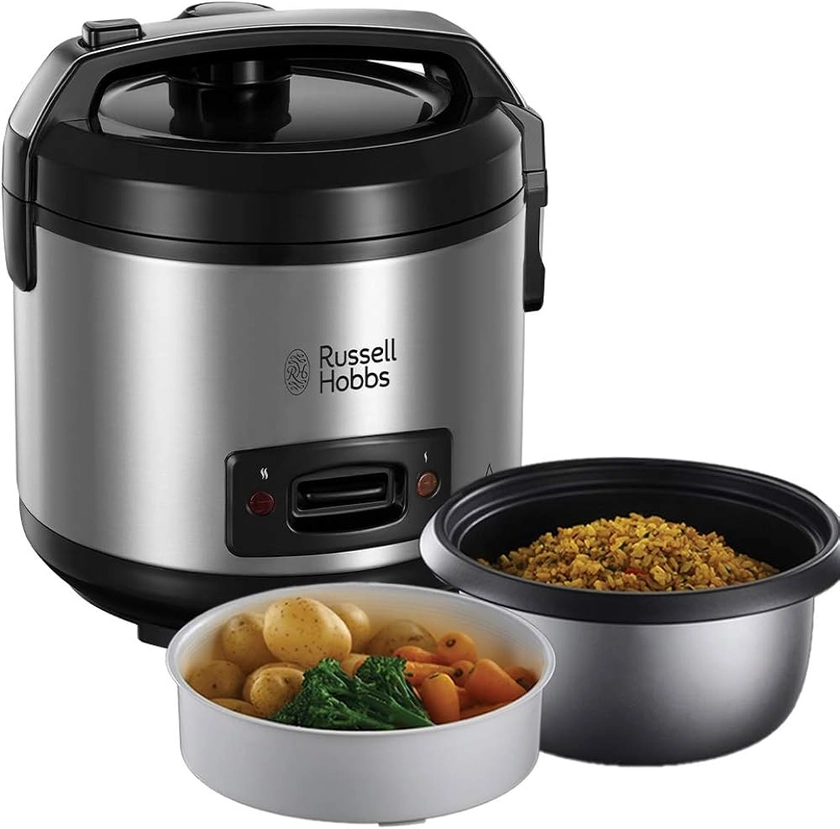 Russell Hobbs stainless steel rice cooker, boils up to 14 servings, 1.2 litre capacity, keep warm function, non-stick coating, steam basket, measuring cup and spoon included, 27080-56 : Amazon.se: Home & Kitchen