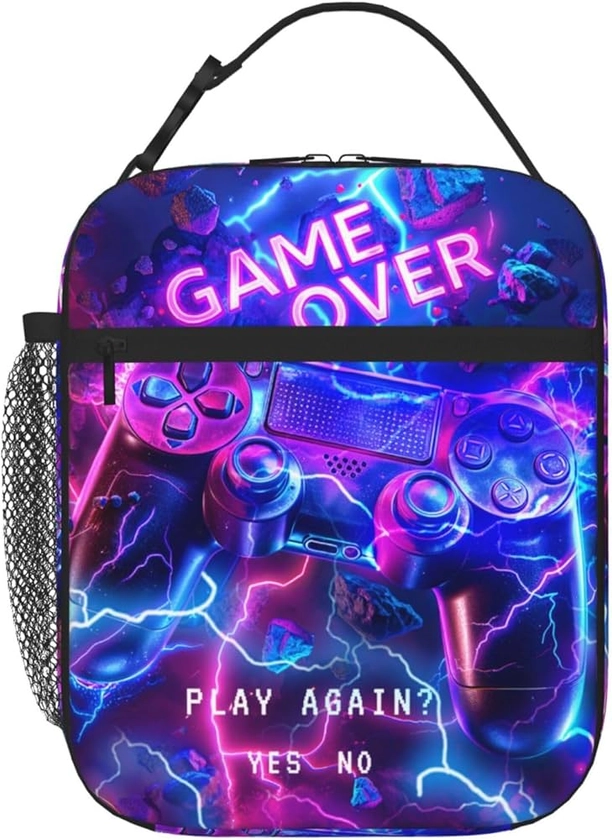 Neon Gamepad Lunch Bag Kids Teen Insulated Lunch Box for Boys Girls Fire Video Game Over Lunch Bag Reusable Lunch Box With Adjustable Shoulder for School Work Office Travel Picnic Hiking Beach