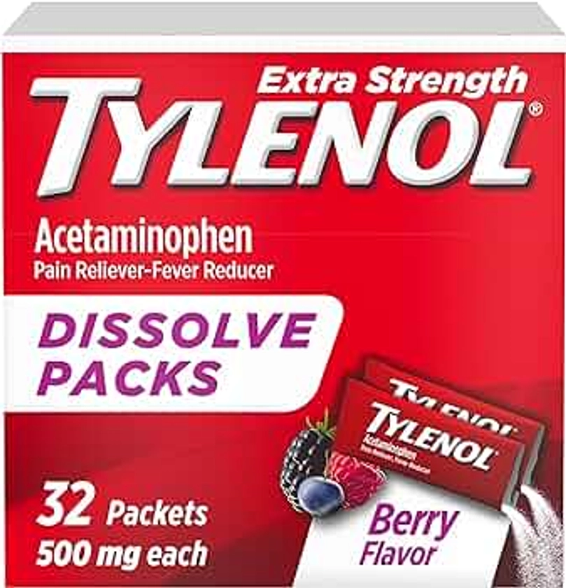 Tylenol Extra Strength Dissolve Packs, 500 mg Acetaminophen Pain Reliever & Fever Reducer, On-The-Go Powder Packets for Minor Aches & Pains, Ibuprofen- & Aspirin-Free, Berry Flavor, 32 ct