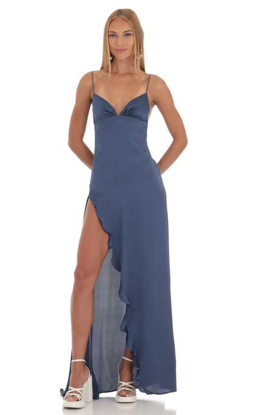 Satin Ruffle Maxi Dress in Blue | LUCY IN THE SKY