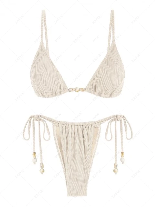 ZAFUL Women\'s Tie Side Wavy Textured Beading Design Tanga Loincloth Triangle Two Piece Swimwear Bikini Set