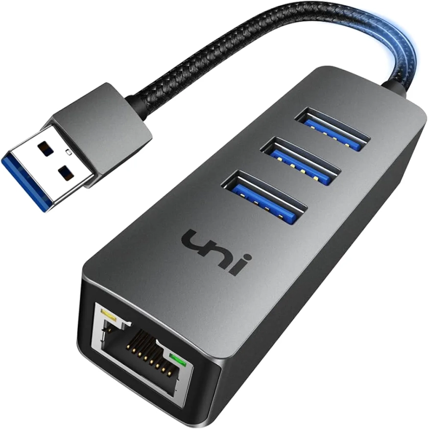 HUB USB Ethernet, uni Adaptateur USB Ethernet 1000Mbps RJ45 et 5Gbps Ports USB 3.0 [Aluminium, Nylon] pour MacBook, iMac, Mac, XPS, Surface Pro, Linux, Chromebook