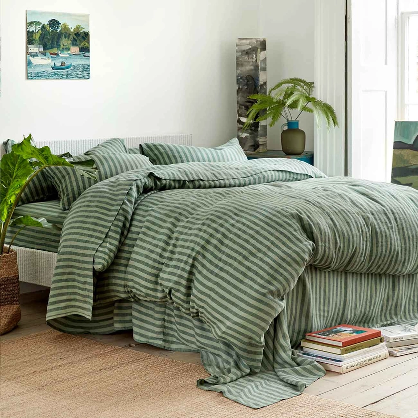 Pine Green Stripe 100% Linen Duvet Cover