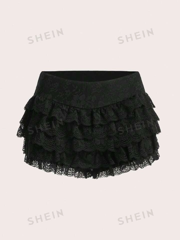 SHEIN ICON Y2k Black Contrast Lace Ruffle Trim Shorts