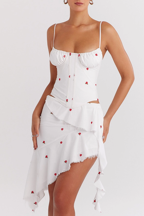 Clothing: Skirts: White Asymmetric Rose Embroidered Mini Skirt - CHR3982