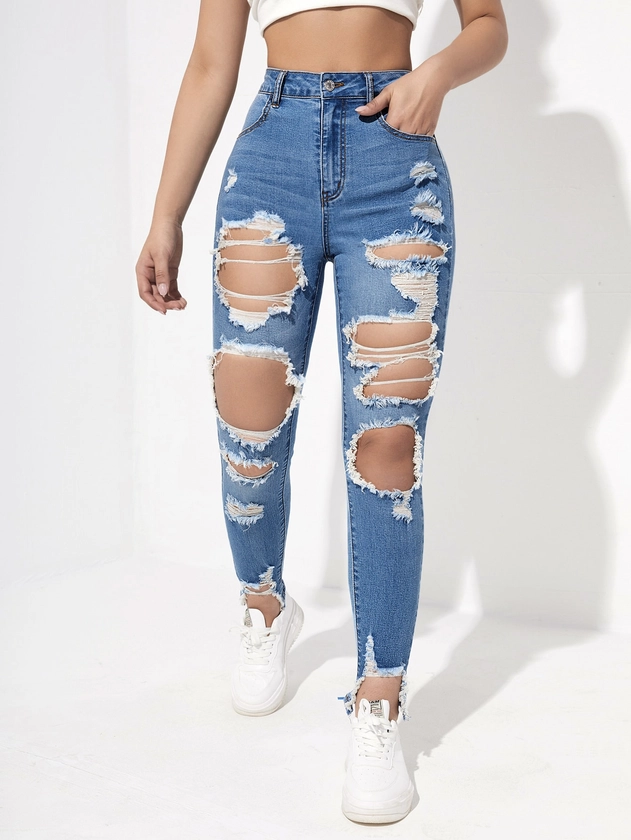 SHEIN Essnce High Waisted Ripped Raw Hem Cutout Skinny Jeans