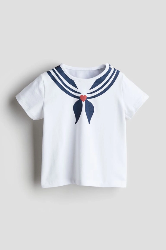 Printed cotton T-shirt - Round neck - Short sleeve - White/Sailor - Kids | H&M GB