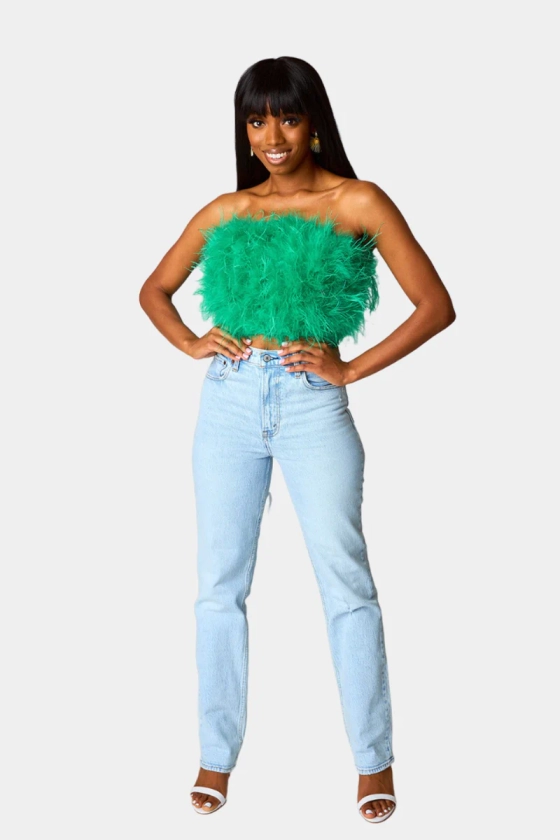 BuddyLove | Fancy Strapless Feather Crop Top | Green