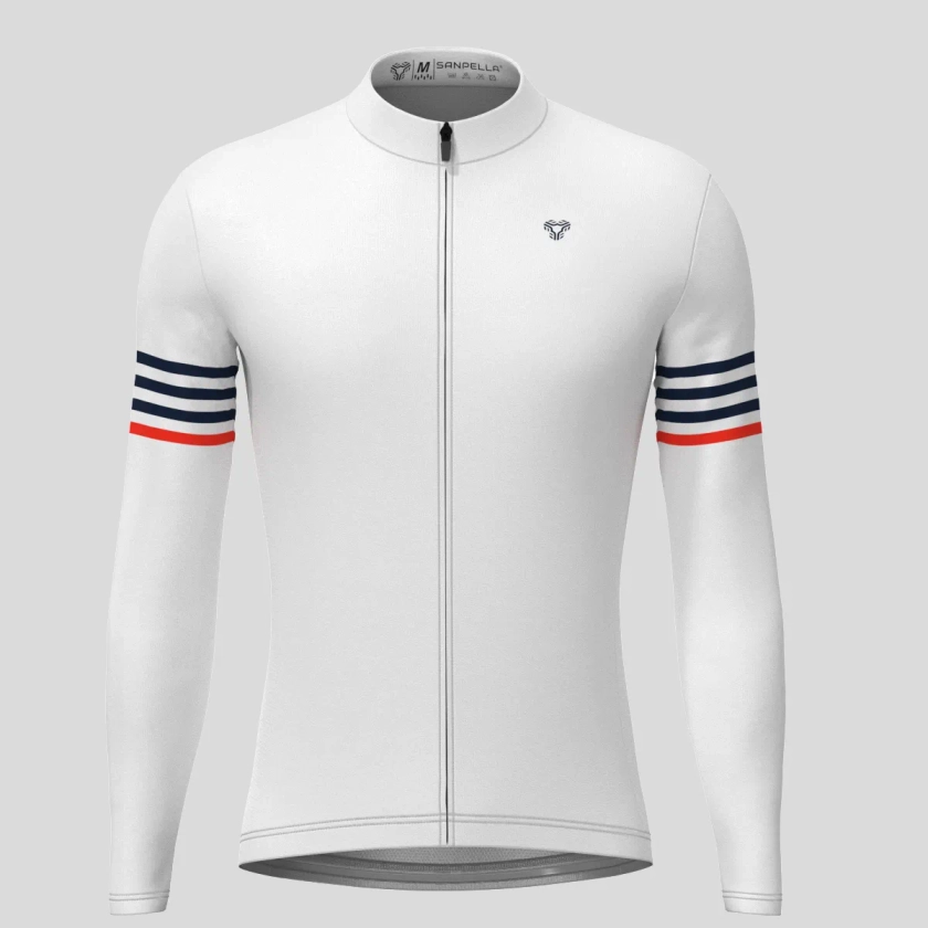 Minimal Stripes Men's LS Cycling Jersey - White/Navy/Red | Sanpella.cc