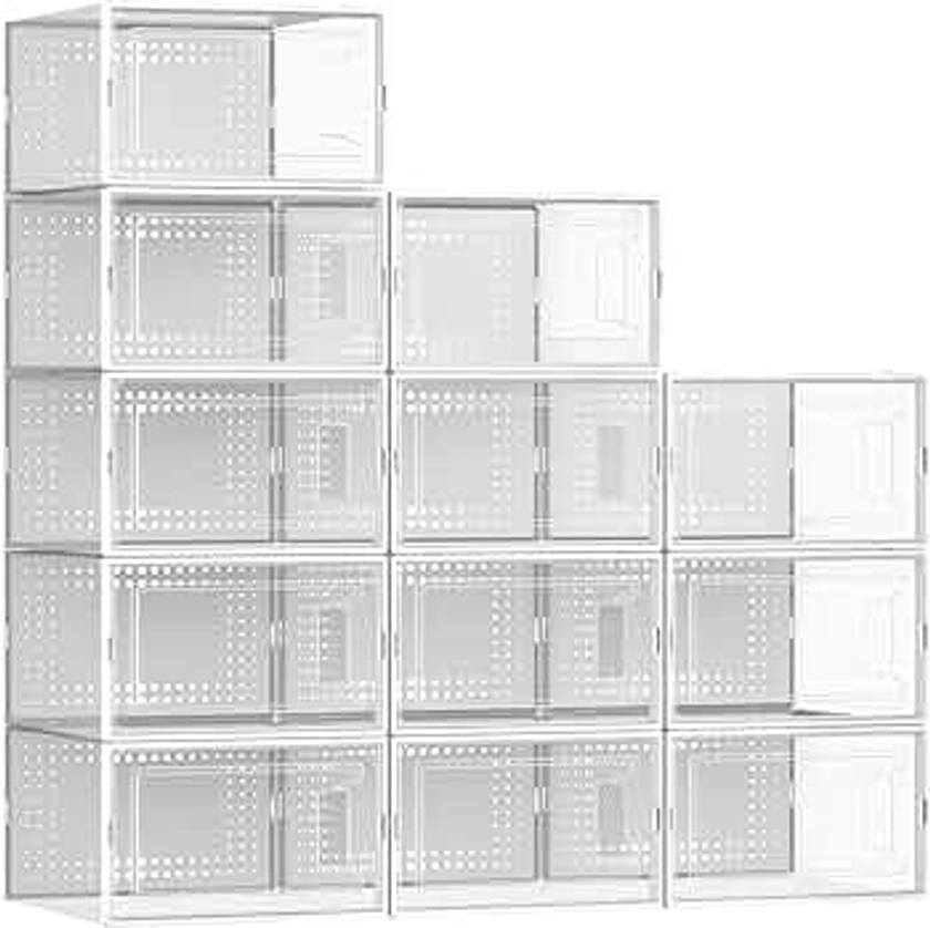 12 Pack X Large Shoe Organizer Storage Boxes for Closet, Modular Space Saving Shoe Boxes Clear Plastic Stackable Sneaker Containers Display Case with Lids, White