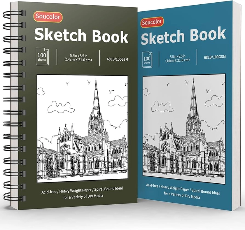Amazon.com: Soucolor 5.5" x 8.5" Sketchbook Pack of 2, 200 Sheets Sketch Book, Spiral Bound Sketch Pad Drawing Book Acid-Free Paper (68lb/100gsm), Painting Sketching Drawing Art Supplies for Adults Kids Teens
