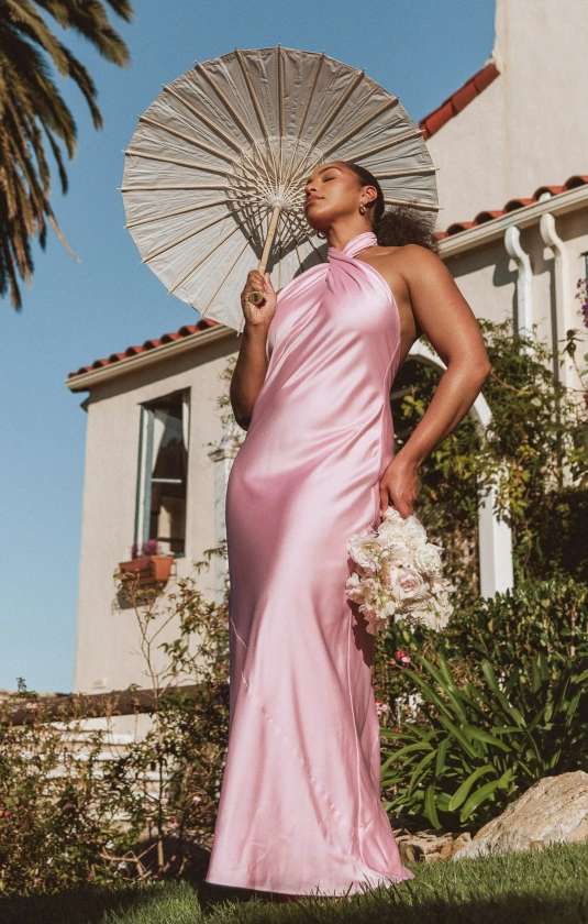 Jasmine Halter Maxi Dress ~ Light Pink Luxe Satin