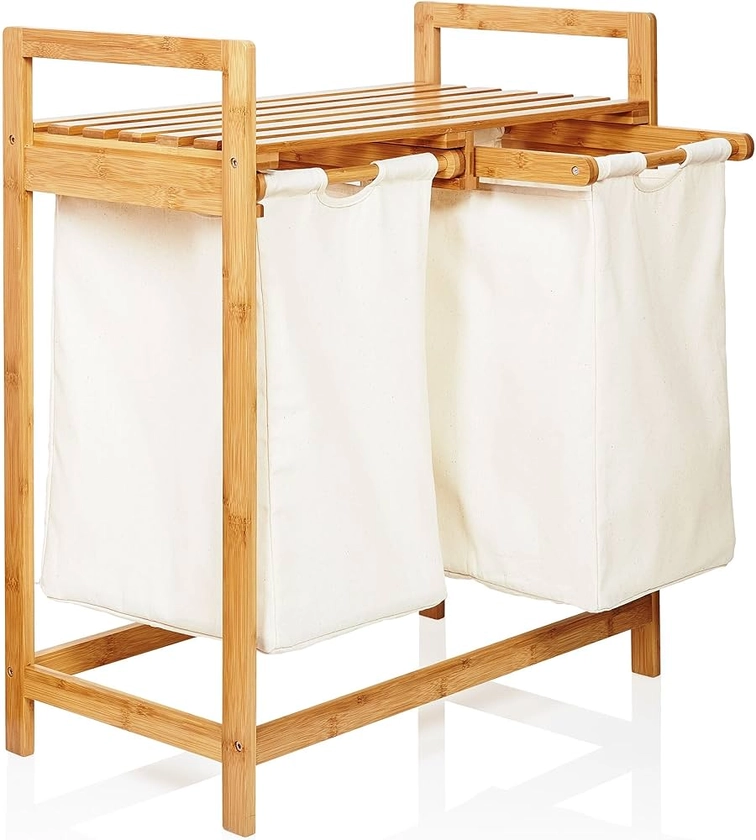 Lumaland Panier à linge en bambou avec 2 sacs à linge extensibles | Taille environ 73 cm de hauteur x 64 cm de largeur x 33 cm de profondeur, Couleur : Beige