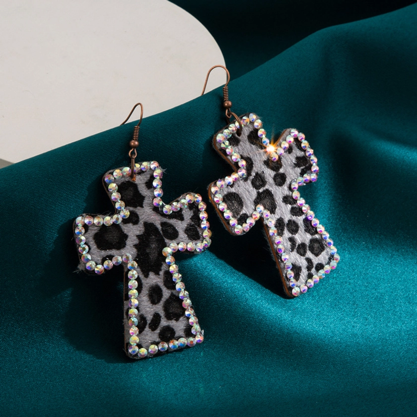 Exaggerated Vintage Leather Cross Dangle Earrings Inlaid Rhinestones With Leopard Print 1Pair