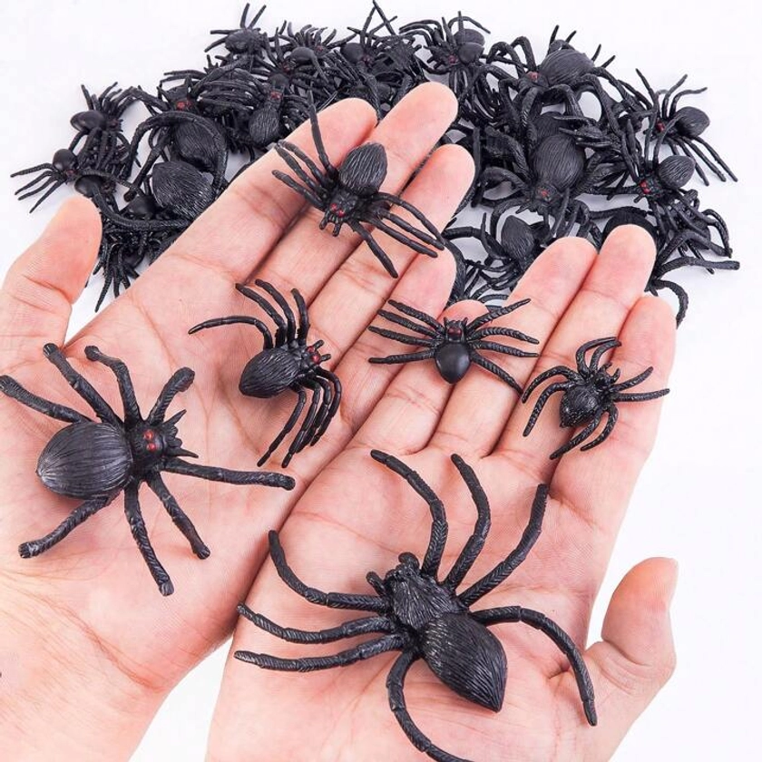 Realistic Plastic Spiders Black Fake Spider Toys And Spider Rings Spider Toys Halloween Prank Prop For Halloween Home Party Decorations, Multiple Sizes And Styles