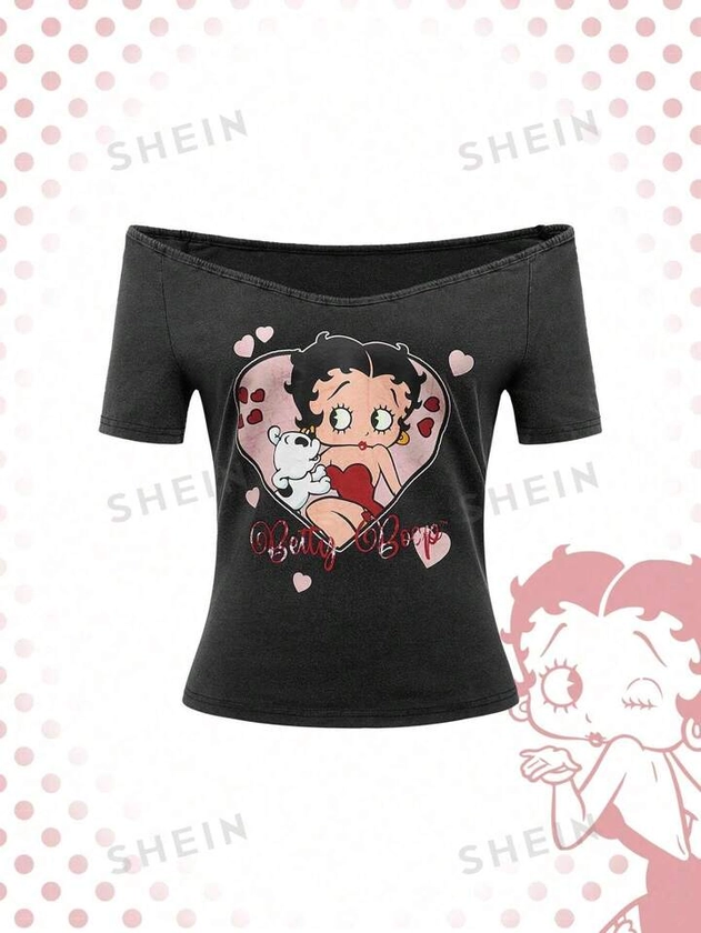 Betty Boop | ROMWE Casual Cartoon Character And Letter Heart Print Slim Off Shoulder T-Shirt For Summer | SHEIN USA