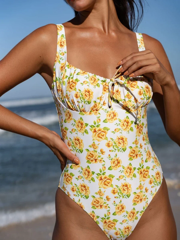 Floral Ruched One-Piece Swimsuit & Reviews - Yellow - Sustainable One-Pieces | BERLOOK