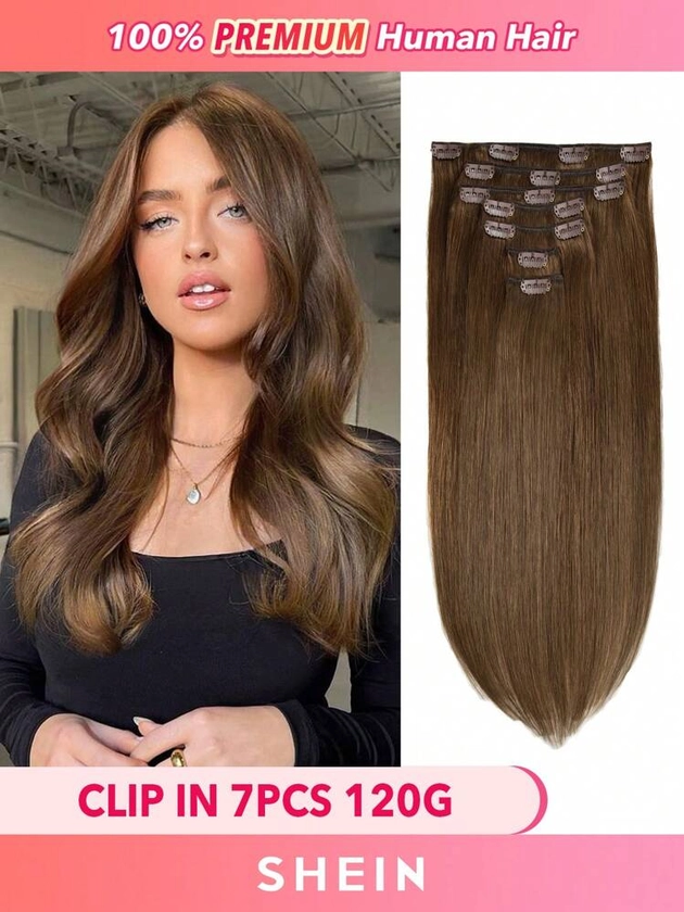 Extensions de cheveux à clips HQ en vrai cheveux humains, 120g 7 pièces extensions de cheveux à clips, Extensions de cheveux bruns chocolat à clips | Mode en ligne | SHEIN FRANCE