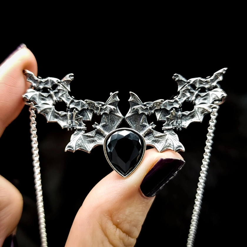 Silver Onyx Bat Swarm Necklace