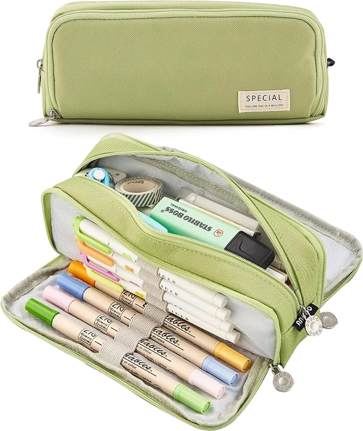 MAMUNU Pencil Case Large Capacity Pencil Pouch with 3 Compartment Stationery Storage Pen Bag for School Office Pencil Bag Comestic Makeup Bag for Women Men Girls Boys (Green)