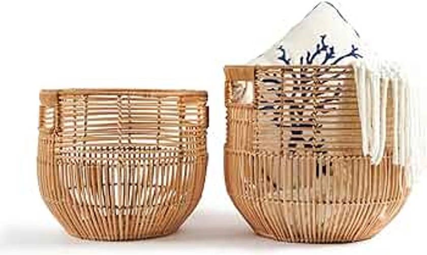 Set Of 2 Large Woven Blanket Baskets With Handles | Round Wicker Rattan Storage Floor Baskets for Shoe In Living Room | Extra Big Boho Rattan Laundry Baskets For Pillow, Blanket