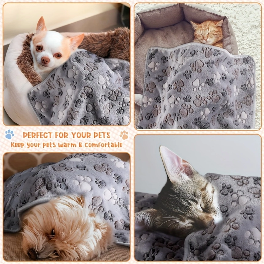 4pcs Pet Blanket Dog Puppy Blanket Paw Print Fleece Blanket For Small Medium Dog Cat, Warm Soft Sleep Mat (Gray, Small)