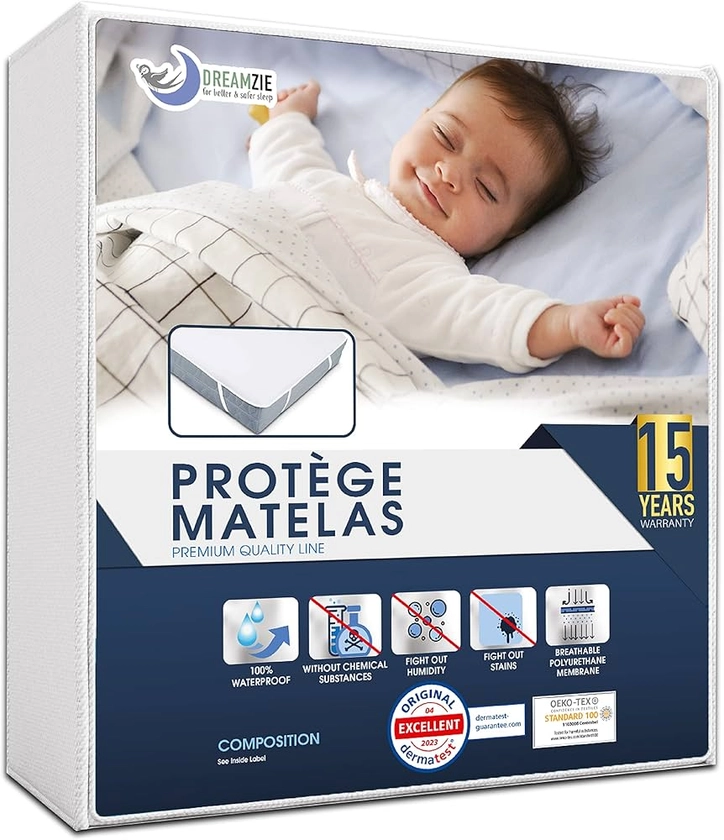 Protege Matelas 80x160 cm Imperméable OEKO TEX par Dreamzie - Alèse en Coton Respirant avec 4 Coins Elastiques