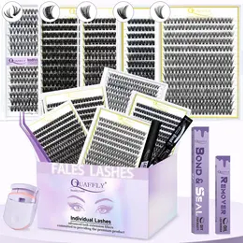 Mixed Length False Eyelashes with Bond and Seal & Remover & Tweezers & Eyelash Curler, 1 Box Natural Look Eyelash Extensions, Self Grafting Eyelash Clusters