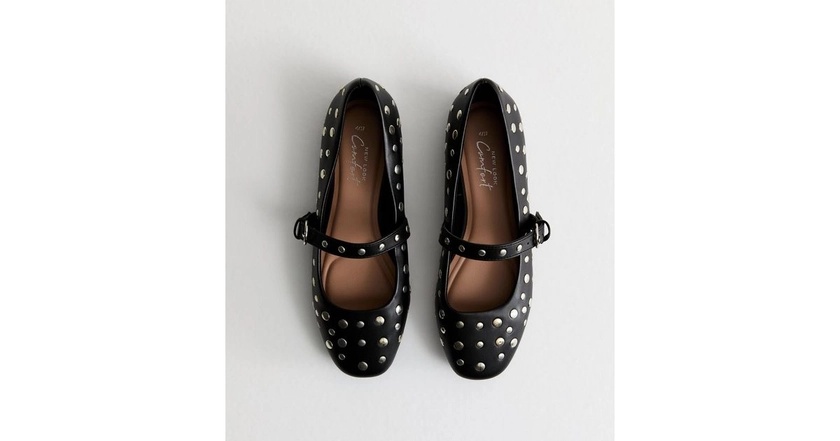 Black Leather Look Studded Ballet Pumps | New Look