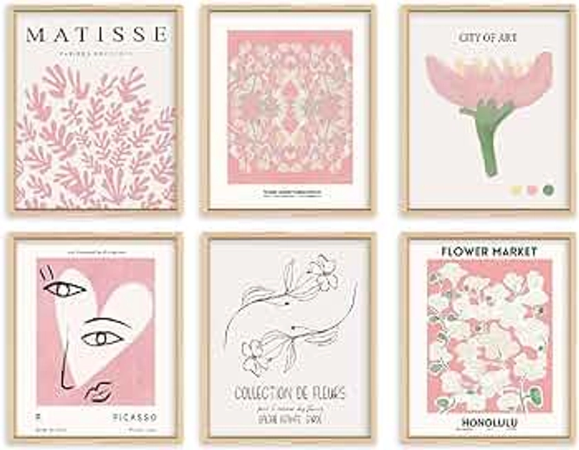 Pink Flower Market Wall Art Prints,Abstract Matisse Wall Decor Aesthetic,Colorful Exhibition Posters Wall Art Flower Pictures for Bedroom,Living Room (8" ื10“ Unframed)